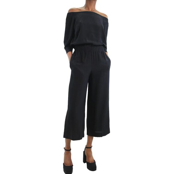 THEORY SILK ELASTIC WAIST 3/4 SLEEVE TWO SIDE POCKET WIDE LEG JUMPSUIT SZ 4 - Picture 2 of 9